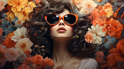 Piękna kobieta w okularach przeciwsłonecznych z kwiatami w tle.  - obrazy, fototapety, plakaty