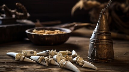 The traditional Tibetan yak tooth amulet with magical uses is softly focused on. Shark teeth in the background. The kitchen of an alchemist contains magical ingredients. Esoteric alchemy - obrazy, fototapety, plakaty