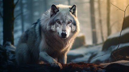 The Wolf in the Woods is a dramatic cinematic panoramic picture featuring wild predator animals posing in a deep forest, rocky, picturesque, and severe Nordic environment space with winter
