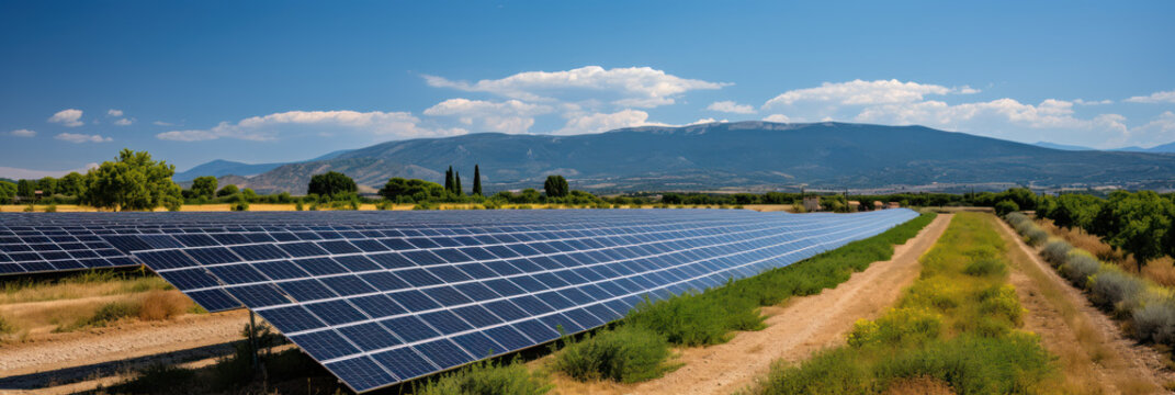 Solar panels in the field, eco energy, green technologies, sustainable resources