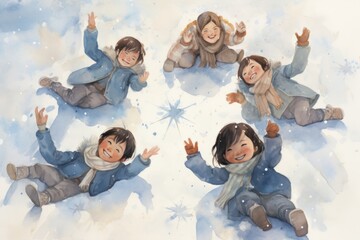 A group of children laying on the ground in the snow.