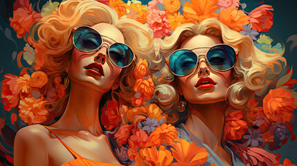 Dwie piękne kobiety w okularach przeciwsłonecznych z kwiatami w tle. 