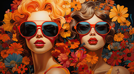 Dwie piękne kobiety w okularach przeciwsłonecznych z kwiatami w tle.  - obrazy, fototapety, plakaty
