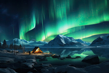 widok zorzy polarnej nad jeziorem pod namiotem