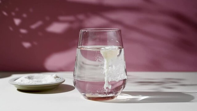 Collagen protein powder in a glass with water. Food beauty and health supplement
