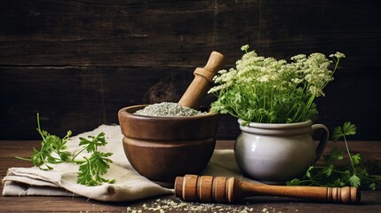 Vintage kitchen tools on a rough burlap background with Yarrow medical plants in the copper mortar and pestle