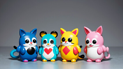 Fototapeta premium Lustige bunte fiktive Spielfiguren für Kinder freigestellt einfarbiger Hintergrund Spaß und Fantasie Spielwaren 