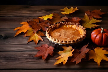 Thanksgiving Pumpkin Pie on a Wooden Table in a Cozy Atmosphere. Generative AI