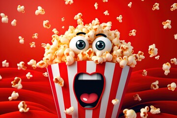 surprised shocked cartoon cinema popcorn character with face and hands on yellow background , smiling tasty popcorn red striped carton bucket box.