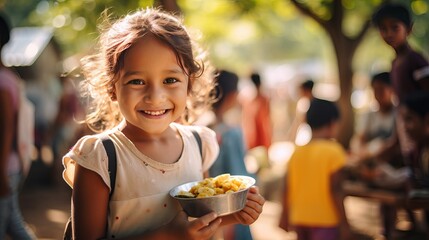 Volunteers provided food outdoors to impoverished children. - obrazy, fototapety, plakaty