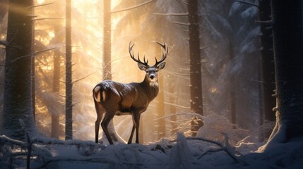 A deer standing in the middle of a snowy forest.