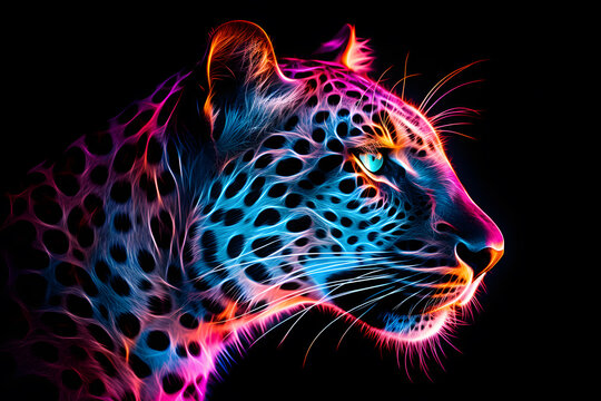Leopard head in profile in neon colors poster