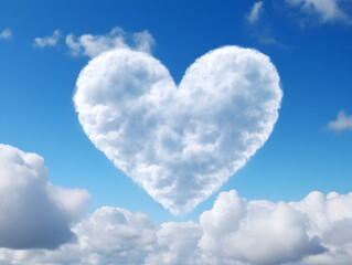 Naklejka na ściany i meble A heart-shaped cloud stands out against a serene blue sky, symbolizing love, hope, and dreamy emotions.