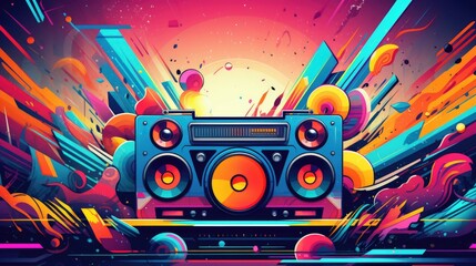 A boombox surrounded by colorful balloons and confetti. Vibrant pop art image. © tilialucida