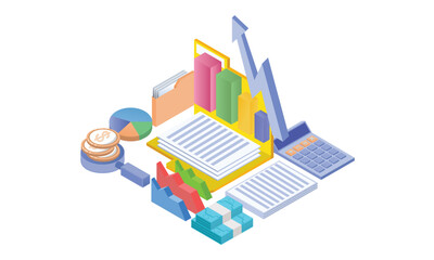 Documents for calculation.preparing graph charts. Accounting concept.on white background.3D design.isometric vector design Illustration.