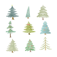 Christmas tree set watercolor Scandinavian style