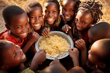 Group of African children eat meager food with their hands from a large metal plate - obrazy, fototapety, plakaty