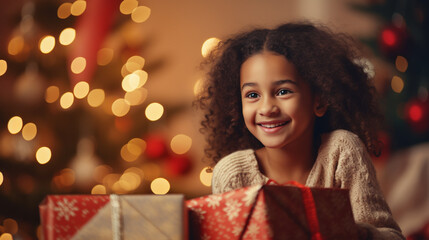 christmas magic - afro american child and christmas gifts, the child beaming happily, with festive bokeh of an illuminated Christmas tree in the background