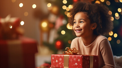 Fototapeta na wymiar christmas magic - afro american child and christmas gifts, the child beaming happily, with festive bokeh of an illuminated Christmas tree in the background