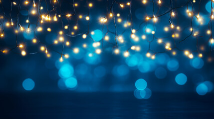 Fondo azul con bombillas y luces navideñas desenfocadas.