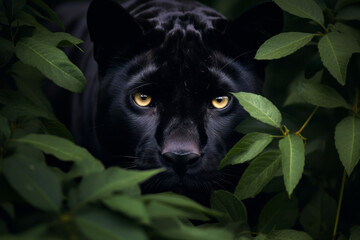 Pantera negra entre las plantas de la jungla. - obrazy, fototapety, plakaty