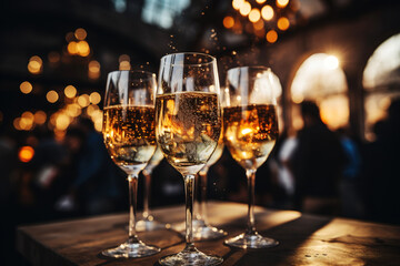 Several copies of champagne to toast. Christmas card. Christmas holidays concept. Generative AI