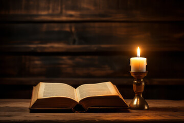 Libro religioso abierto encima de una mesa con una vela encendida al lado. - obrazy, fototapety, plakaty