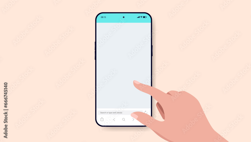 Fototapete Phone mockup with hand and finger using touchscreen with blank browser user interface. Flat design vector template with beige background