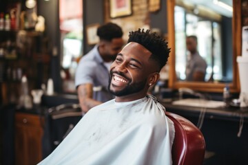 Black man sitting at a barbershop getting haircut smiling - obrazy, fototapety, plakaty