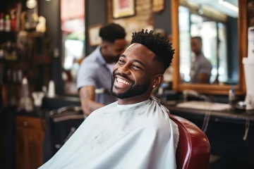 Foto op Plexiglas Black man sitting at a barbershop getting haircut smiling © blvdone