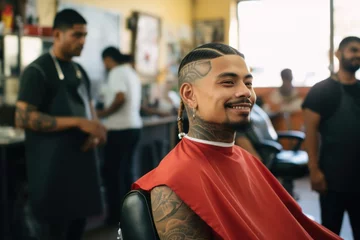 Foto op Aluminium Black man sitting at a barbershop getting haircut smiling © blvdone