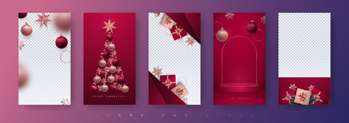Set Christmas stories template. Story mockup with free copy space vector illustration. Luxury design Xmas elements. - 666745168