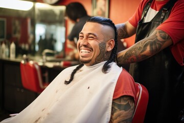 Hispanic man sitting at a barbershop getting haircut smiling - obrazy, fototapety, plakaty