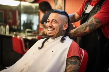 Foto op Aluminium Hispanic man sitting at a barbershop getting haircut smiling © blvdone