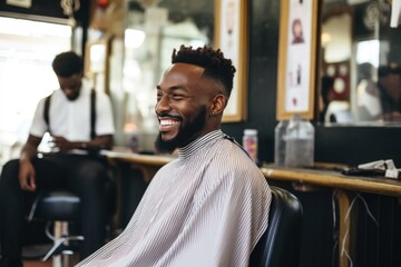 Black man sitting at a barbershop getting haircut smiling