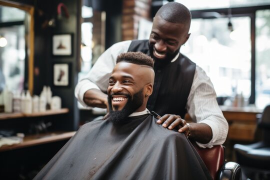 Black man sitting at a barbershop getting haircut smiling
