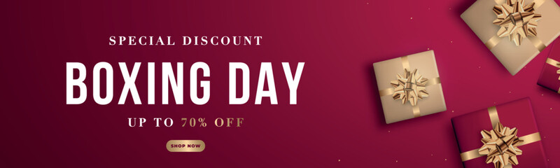 Boxing day Sale promotion banner. Special discount 70%. Shopping template for Boxing Day. Realistic red and gold gift boxes. - obrazy, fototapety, plakaty