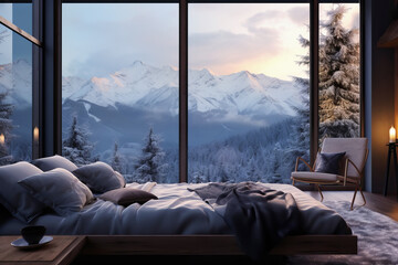 Panoramic view from a stylish modern bedroom to winter snowy mountains at sunrise