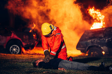 Fototapeta premium First Aid Support and Courageous Firefighters Saving People from Workplace Accidents. Fearless Firefighter Heroes Rescuing Lives from Smoke and Fire Hazards.