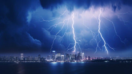 Naklejka premium A lightning storm illuminated the city in a sapphire-hued glow.