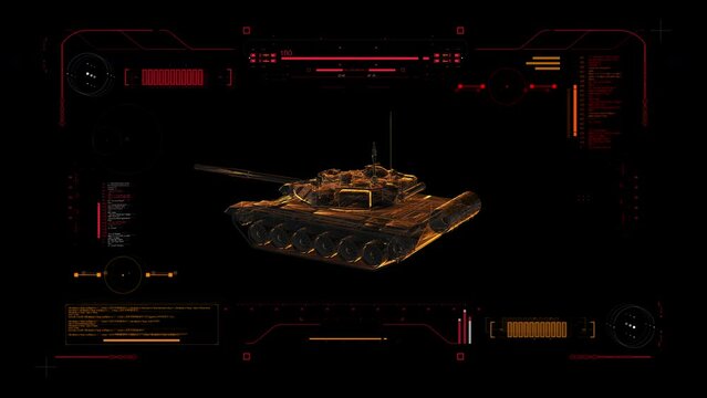 Digital Blueprint Scan of Russian Army Main Battle (MBT) Tank T90 Proryv. Futuristic User Interface HUD. Military Reconnaissance 360 View.