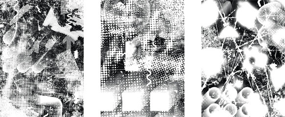 Naklejka na ściany i meble Distressed grungy isolated layers . Design element for brochure, social media, posters, flyers. Overlay grunge texture.Textured banner with Distress effect .Vector halftone dots . Screen print texture