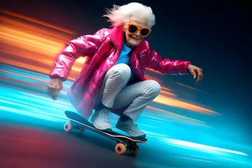 Poster Cool elderly woman dressed in casual riding skateboard © Oksana