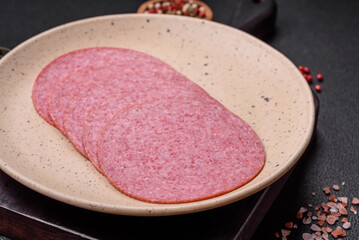 Delicious smoked salami sausage with salt, spices and herbs
