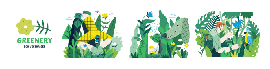 Greenery, ecology -modern flat vector concept illustration of people and plants. Metaphor of environmental sustainability and protection, closeness to nature, green life, ecosystem and biosphere