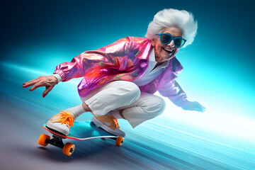 Obraz na płótnie Canvas Cool elderly woman dressed in casual riding skateboard