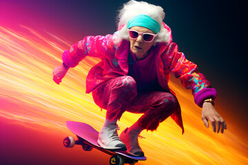 Cool elderly woman dressed in casual riding skateboard