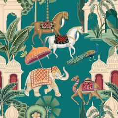 Horses, Indian elephant, camel, peacock, palm trees and architecture seamless pattern.  Oriental vintage wallpaper. - 666746150