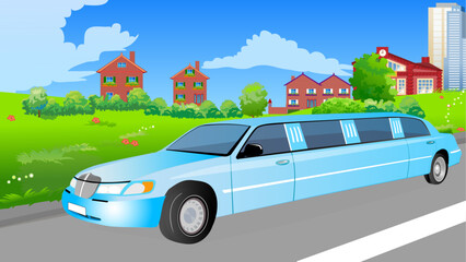 View with a limousine on the streets of the outskirts of a modern city. Vector illustration.