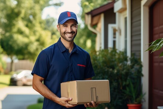 A cheerful delivery man in a blue uniform holding a cardboard box standing in front of a customer's home.